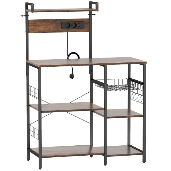 Keukenrek, staand rek met 2 stopcontacten, 5 s haken, 5 planken, mand, x braces staal 90 x 42 x 130 cm 1