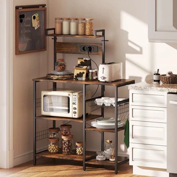 Keukenrek, staand rek met 2 stopcontacten, 5 s haken, 5 planken, mand, x braces staal 90 x 42 x 130 cm 2