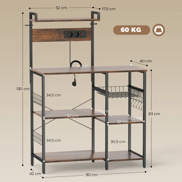 Keukenrek, staand rek met 2 stopcontacten, 5 s haken, 5 planken, mand, x braces staal 90 x 42 x 130 cm 4