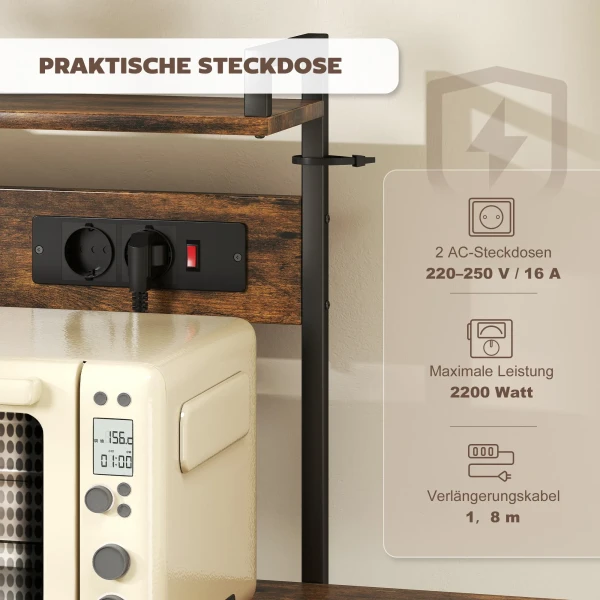 Keukenrek, staand rek met 2 stopcontacten, 5 s haken, 5 planken, mand, x braces staal 90 x 42 x 130 cm 5