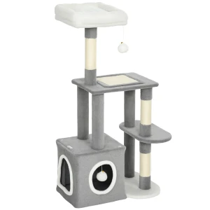 Krabpaal 107 cm kattentoren met hol, 2 pluche ballen, sisal stammen, groot platform, 55x40x107 cm, grijs 1