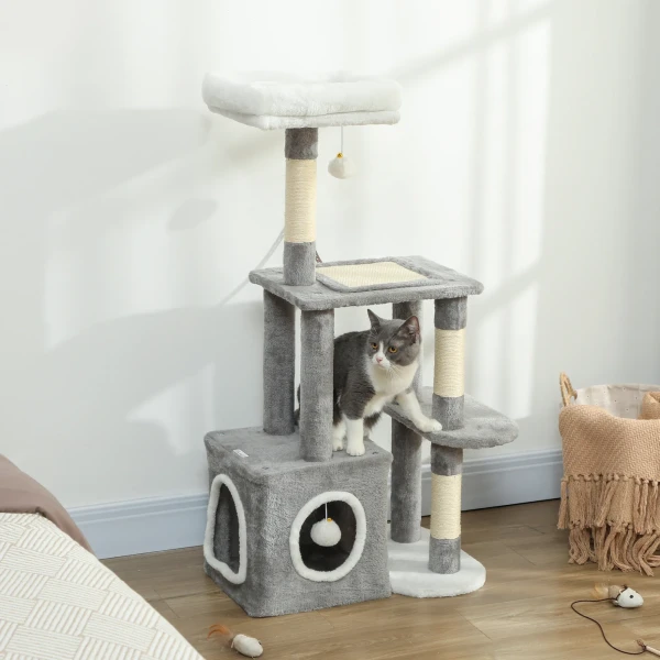 Krabpaal 107 cm kattentoren met hol, 2 pluche ballen, sisal stammen, groot platform, 55x40x107 cm, grijs 2