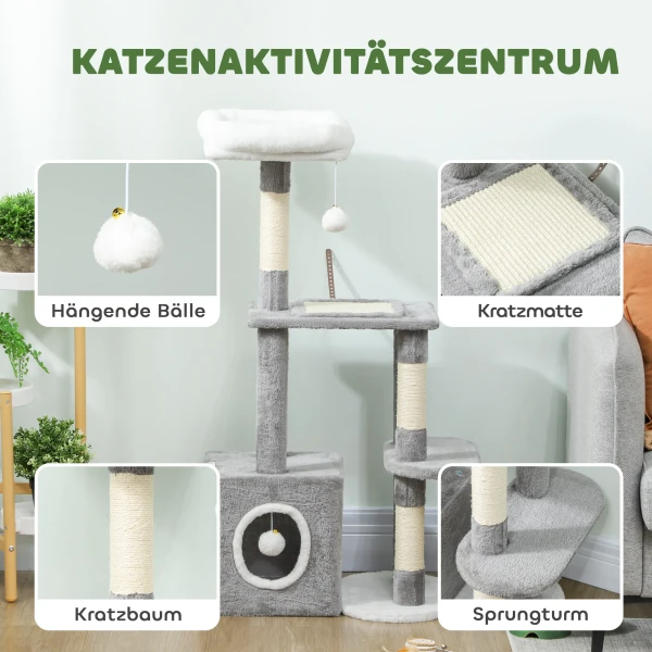 Krabpaal 107 cm kattentoren met hol, 2 pluche ballen, sisal stammen, groot platform, 55x40x107 cm, grijs 5