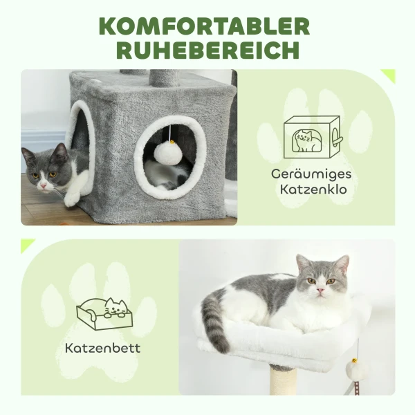 Krabpaal 107 cm kattentoren met hol, 2 pluche ballen, sisal stammen, groot platform, 55x40x107 cm, grijs 6