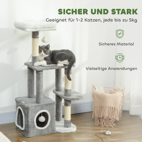 Krabpaal 107 cm kattentoren met hol, 2 pluche ballen, sisal stammen, groot platform, 55x40x107 cm, grijs 7