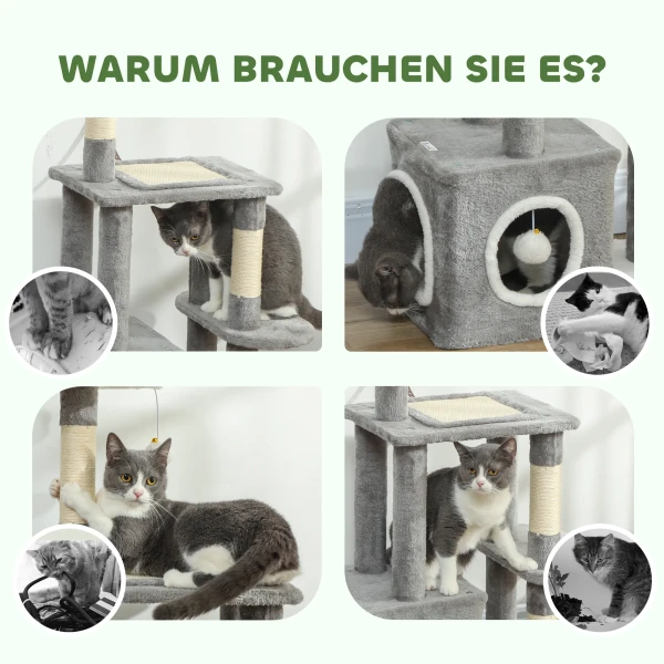 Krabpaal 107 cm kattentoren met hol, 2 pluche ballen, sisal stammen, groot platform, 55x40x107 cm, grijs 8