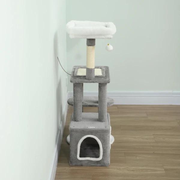 Krabpaal 107 cm kattentoren met hol, 2 pluche ballen, sisal stammen, groot platform, 55x40x107 cm, grijs 9