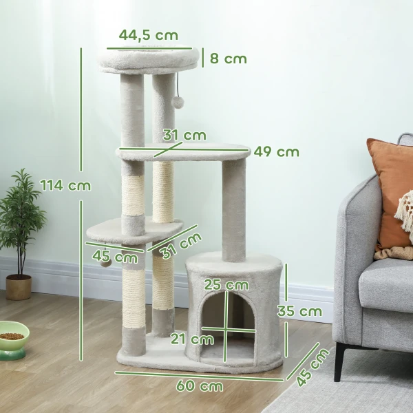 Krabpaal 114 cm kattentoren met hol, sisalpalen, platform, meerdere verdiepingen voor middelgrote katten onder 6 kg, lichtgrijs 4