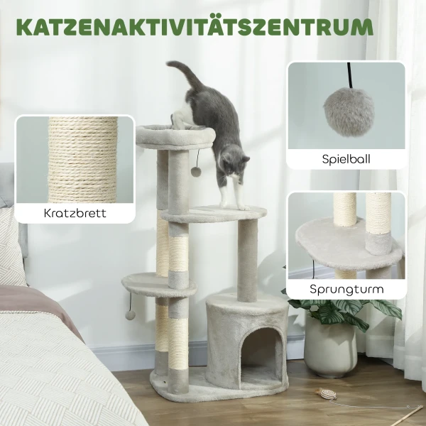 Krabpaal 114 cm kattentoren met hol, sisalpalen, platform, meerdere verdiepingen voor middelgrote katten onder 6 kg, lichtgrijs 5