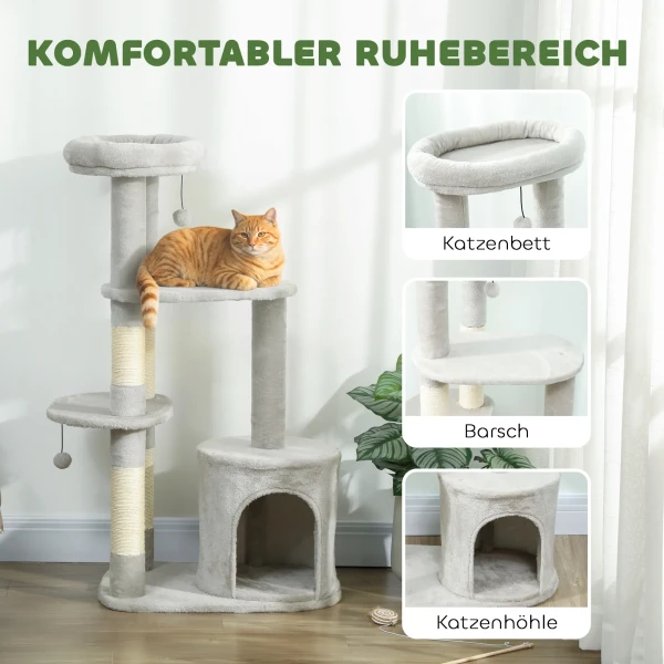 Krabpaal 114 cm kattentoren met hol, sisalpalen, platform, meerdere verdiepingen voor middelgrote katten onder 6 kg, lichtgrijs 6