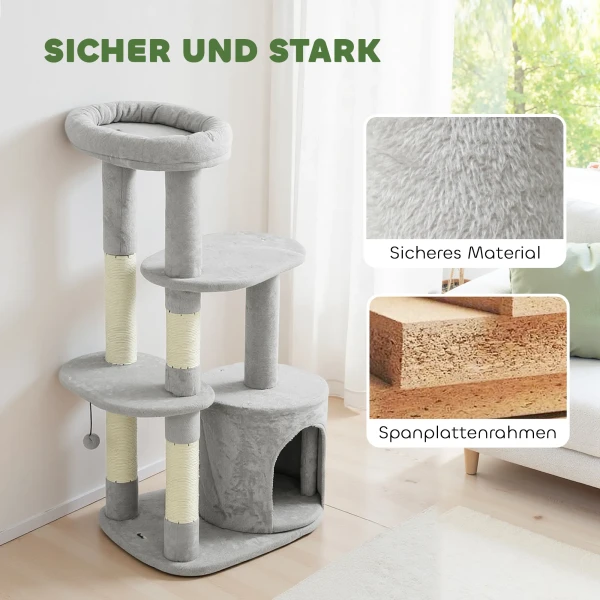 Krabpaal 114 cm kattentoren met hol, sisalpalen, platform, meerdere verdiepingen voor middelgrote katten onder 6 kg, lichtgrijs 7