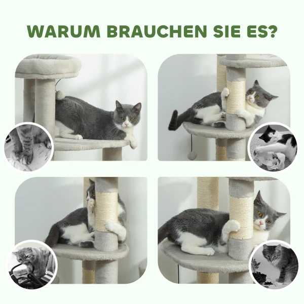 Krabpaal 114 cm kattentoren met hol, sisalpalen, platform, meerdere verdiepingen voor middelgrote katten onder 6 kg, lichtgrijs 8