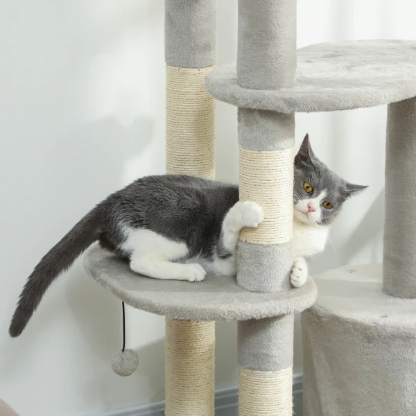 Krabpaal 114 cm kattentoren met hol, sisalpalen, platform, meerdere verdiepingen voor middelgrote katten onder 6 kg, lichtgrijs 9