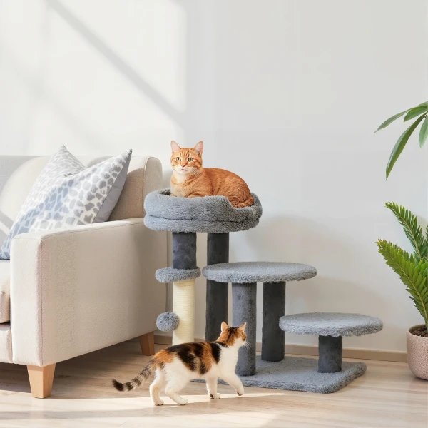 Krabpaal en kattenladder, brede basis, pluche stof, sisal krabkolom, grijs 2