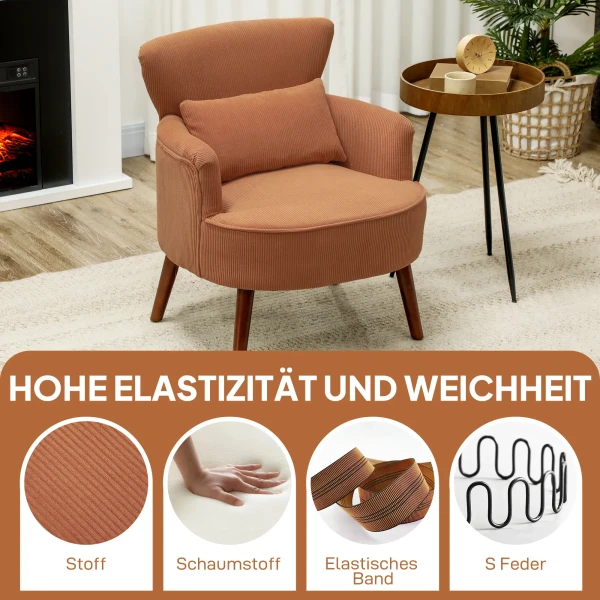 Moderne leunstoel, gestoffeerde accentstoel met lendenkussen, rubberhouten poten, oranje 5