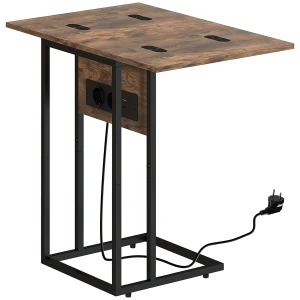 Opklapbare bijzettafel, oplaadstation met usb poorten, metaal, 39 x 29 x 57 cm, bruin 1