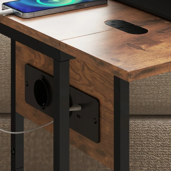 Opklapbare bijzettafel, oplaadstation met usb poorten, metaal, 39 x 29 x 57 cm, bruin 10