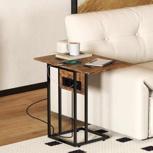 Opklapbare bijzettafel, oplaadstation met usb poorten, metaal, 39 x 29 x 57 cm, bruin 2