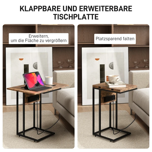 Opklapbare bijzettafel, oplaadstation met usb poorten, metaal, 39 x 29 x 57 cm, bruin 5