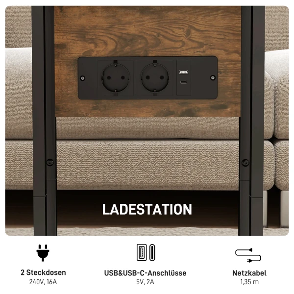 Opklapbare bijzettafel, oplaadstation met usb poorten, metaal, 39 x 29 x 57 cm, bruin 6