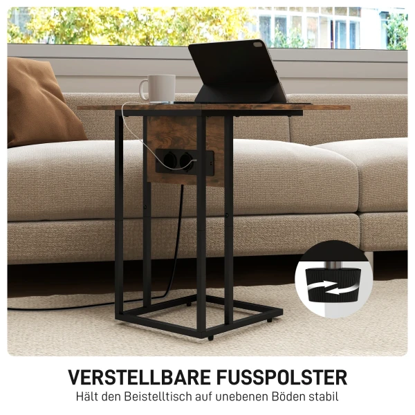 Opklapbare bijzettafel, oplaadstation met usb poorten, metaal, 39 x 29 x 57 cm, bruin 7
