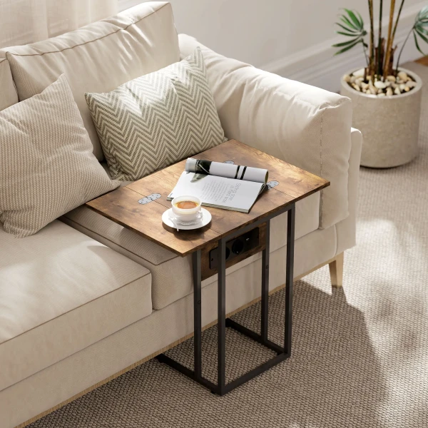 Opklapbare bijzettafel, oplaadstation met usb poorten, metaal, 39 x 29 x 57 cm, bruin 8