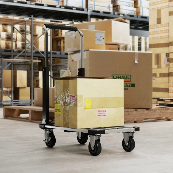 Opvouwbare handwagen, 150 kg draagvermogen, uitbreidbaar oppervlak, in hoogte verstelbare handgreep, voor kratten, metaal, zwart 2