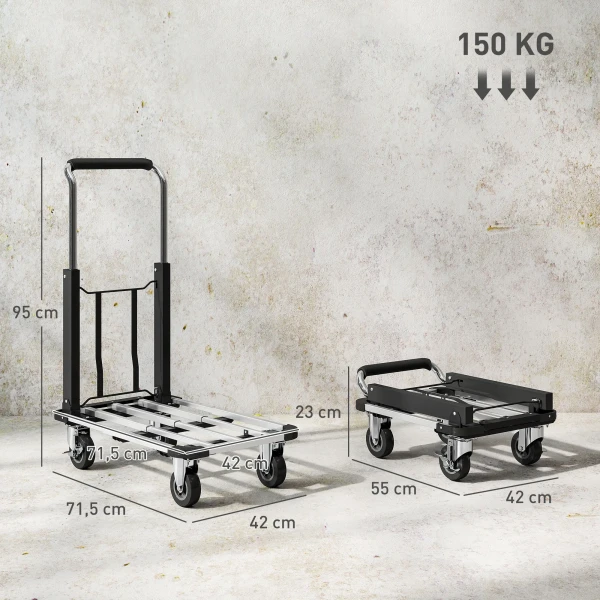Opvouwbare handwagen, 150 kg draagvermogen, uitbreidbaar oppervlak, in hoogte verstelbare handgreep, voor kratten, metaal, zwart 4