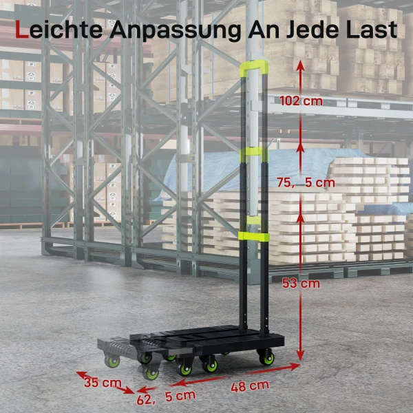 Opvouwbare metalen transportkar met wielen en verstelbare handgreep 49 x 35 x 102 cm groen 6