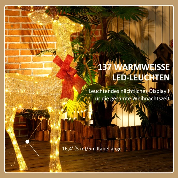 Rendier met rode strik, 137 led's, kerstverlichting, weerbestendig, 66 x 25 x 135 cm, goud 6