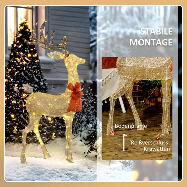 Rendier met rode strik, 137 led's, kerstverlichting, weerbestendig, 66 x 25 x 135 cm, goud 8
