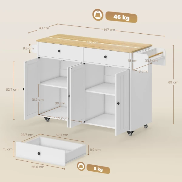 Rolbare keukeneiland, 2 lades, 2 kasten, verschuifbaar, kruidenrek, handdoekhouder, messenhouder, mdf, wit 4