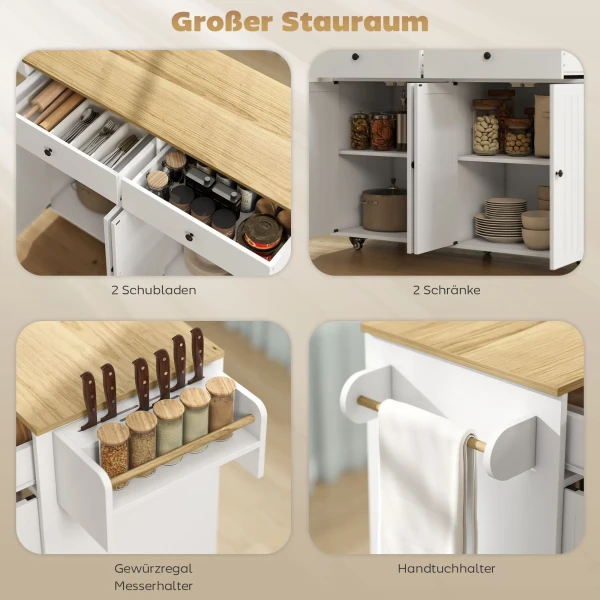 Rolbare keukeneiland, 2 lades, 2 kasten, verschuifbaar, kruidenrek, handdoekhouder, messenhouder, mdf, wit 5