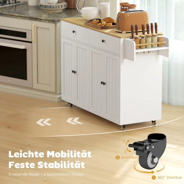 Rolbare keukeneiland, 2 lades, 2 kasten, verschuifbaar, kruidenrek, handdoekhouder, messenhouder, mdf, wit 6