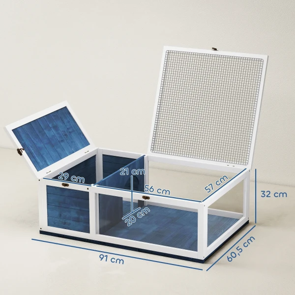 Schildpaddenverblijf van hout met hoofdhuizen, opklapbare bovenkant 91x60,5x32 cm, blauw 4