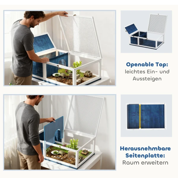 Schildpaddenverblijf van hout met hoofdhuizen, opklapbare bovenkant 91x60,5x32 cm, blauw 6
