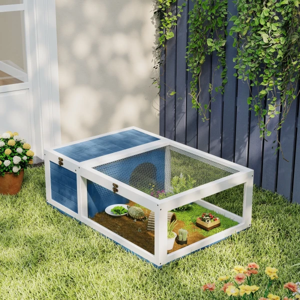 Schildpaddenverblijf van hout met hoofdhuizen, opklapbare bovenkant 91x60,5x32 cm, blauw 9