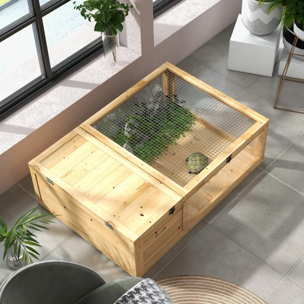 Schildpaddenverblijf van hout, schildpaddenverblijf met hoofdhuizen, opklapbare bovenkant, 91 x 60,5 x 32 cm, geel 10