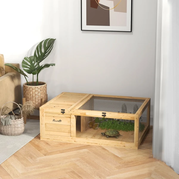 Schildpaddenverblijf van hout, schildpaddenverblijf met hoofdhuizen, opklapbare bovenkant, 91 x 60,5 x 32 cm, geel 2
