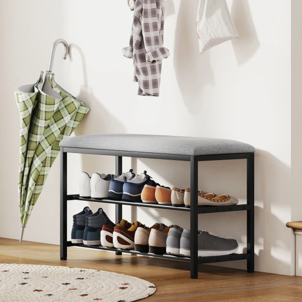 Schoenenbank met zitvlak, zitbank met opbergruimte, schoenenrek met 2 open vakken, zitbank 81 x 31 x 50 cm zwart 9