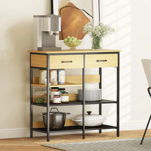 Sideboard, ladekast met 2 lades, 3 open rekken keukenkast voor keuken, woonkamer 90 x 40 x 91 cm, natuurhout 2