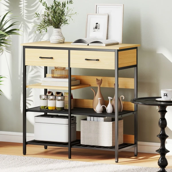 Sideboard, ladekast met 2 lades, 3 open rekken keukenkast voor keuken, woonkamer 90 x 40 x 91 cm, natuurhout 9