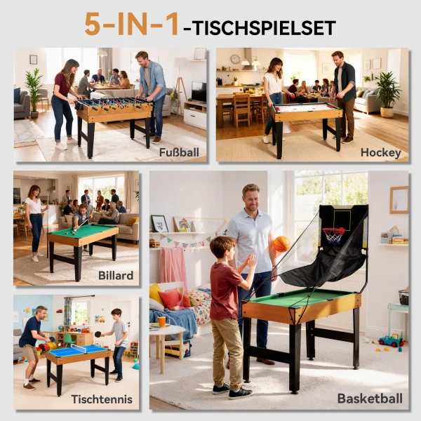Sportnow 5 in 1 multispel tafel, 53 accessoire onderdelen, tafelvoetbal, tafelhockey, tafeltennis, biljart, basketbal, walnoot 5