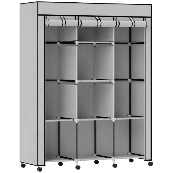 Stoffen kast, opbergoplossing, 8 planken, 2 kledingstangen, grijs 1