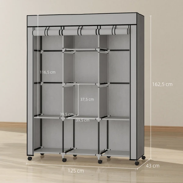 Stoffen kast, opbergoplossing, 8 planken, 2 kledingstangen, grijs 4