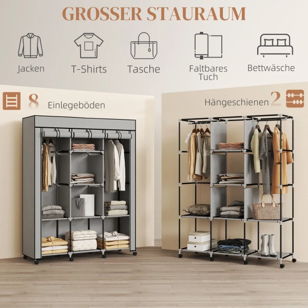 Stoffen kast, opbergoplossing, 8 planken, 2 kledingstangen, grijs 5