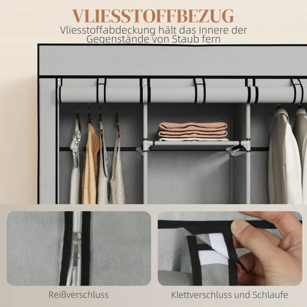 Stoffen kast, opbergoplossing, 8 planken, 2 kledingstangen, grijs 6
