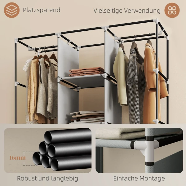 Stoffen kast, opbergoplossing, 8 planken, 2 kledingstangen, grijs 7