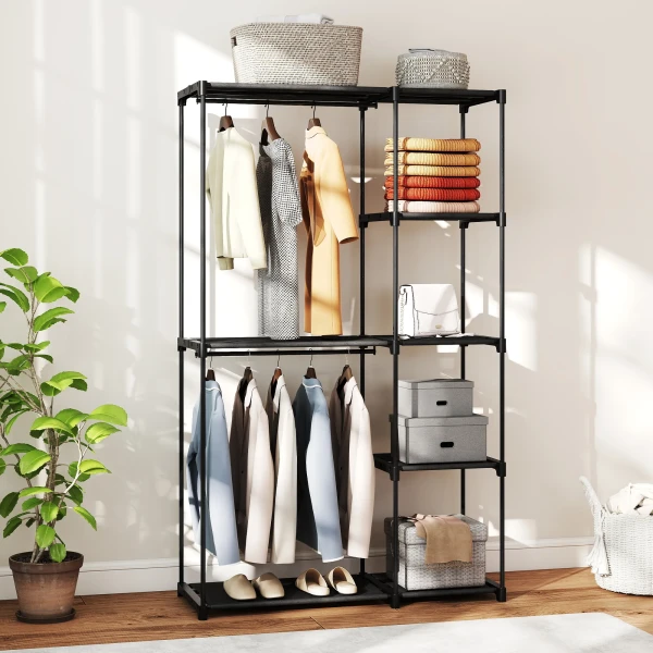 Stoffenkast kledingkast met kledingstang, planken, voor slaapkamer, kleedkamer, 111 x 43 x 185 cm, zwart 2