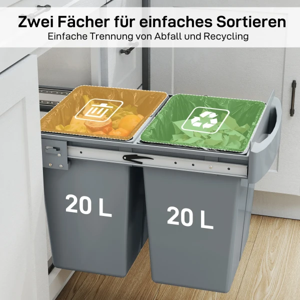 Uitschuifbare vuilnisbak, 2 x 20 l, verwijderbare containers, kunststof, metaal, grijs 6